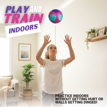 Woman playing a Softy Volleyball-Teal indoors, with text promoting indoor play and training.