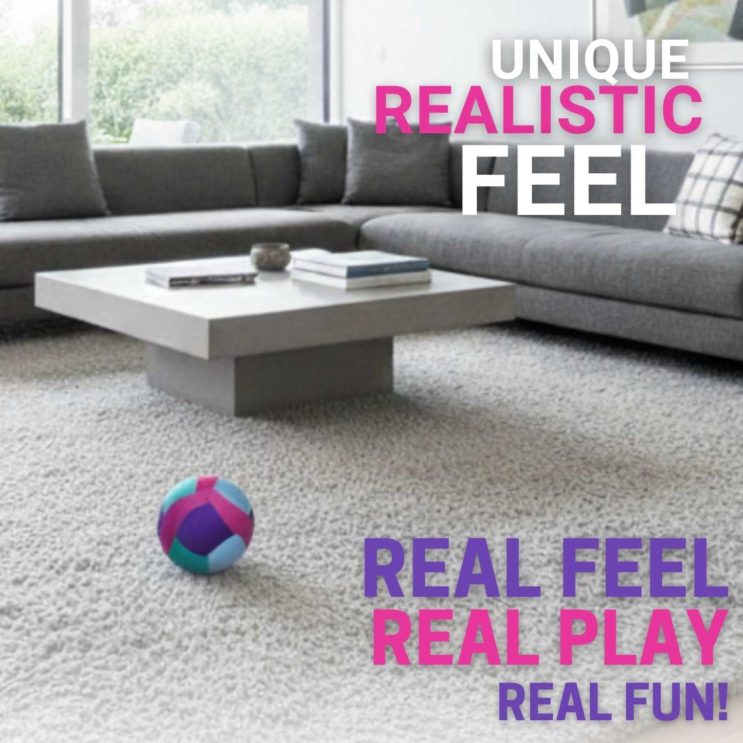 Living room with gray sectional sofa, white coffee table, and Softy Volleyball-Teal on carpet. Text emphasizes 'Unique Realistic Feel' and 'Real Fun'.