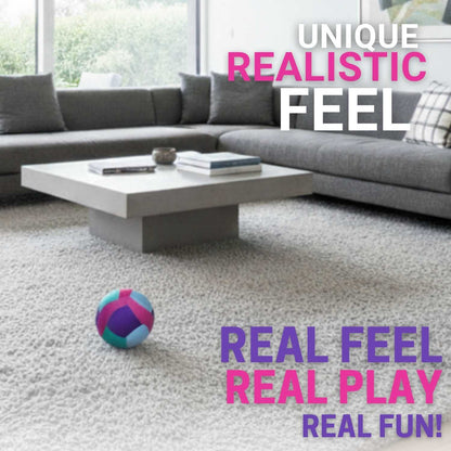 Living room with gray sectional sofa, white coffee table, and Softy Volleyball-Teal on carpet. Text emphasizes 'Unique Realistic Feel' and 'Real Fun'.