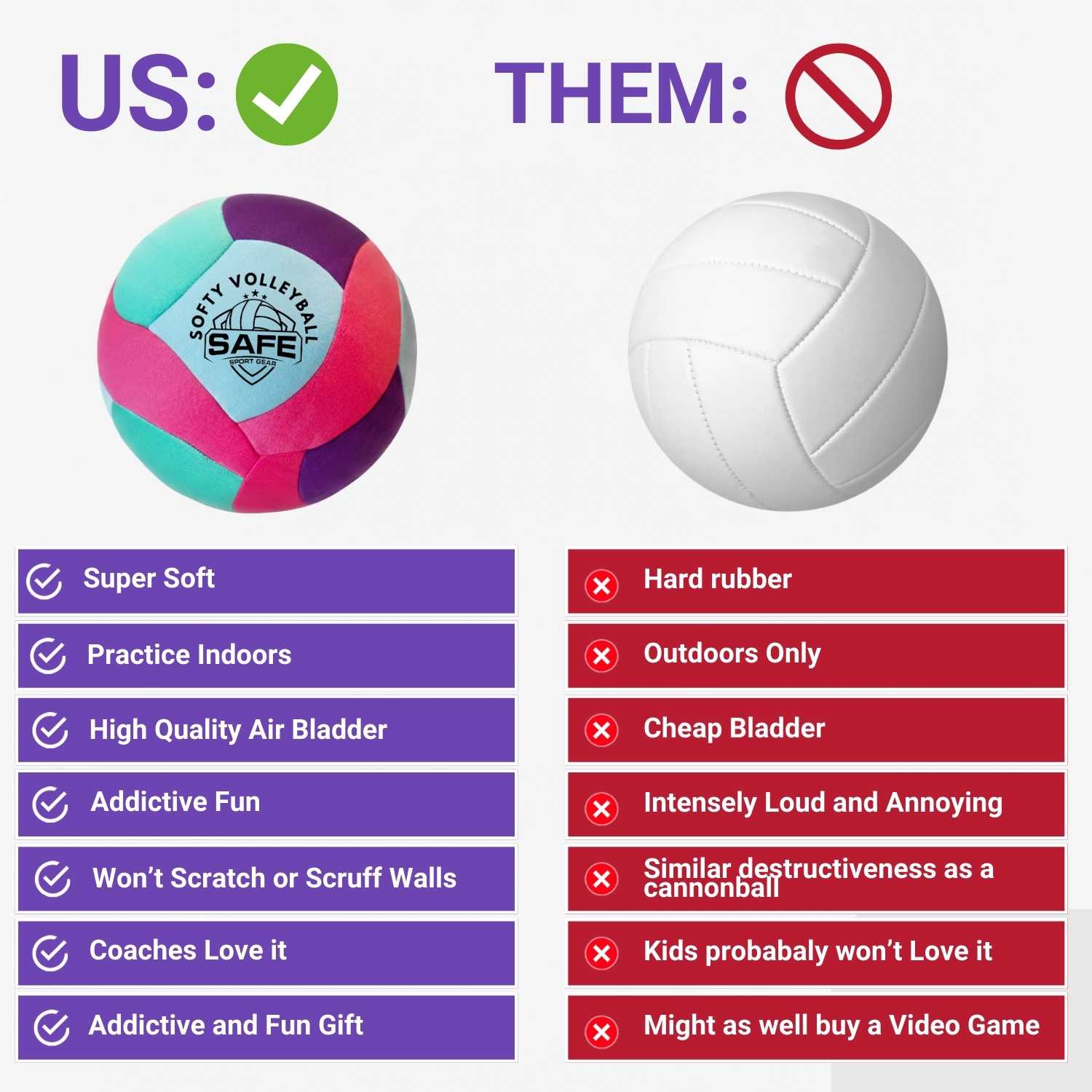 Comparison chart between a softy volleyball-teal and a traditional volleyball, with features listed.