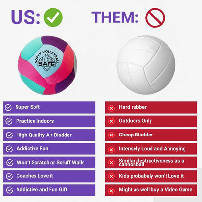 Comparison chart between a softy volleyball-teal and a traditional volleyball, with features listed.