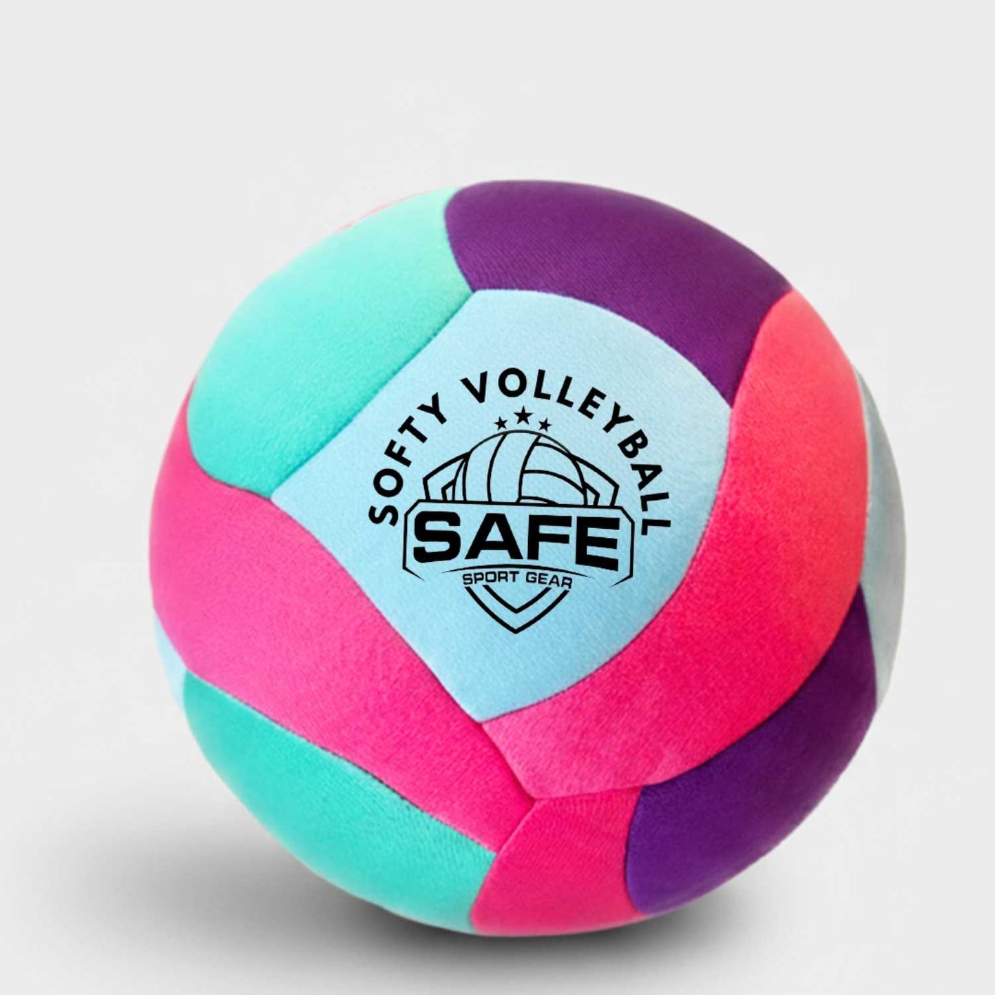 Close-up view of Softy Volleyball - Teal with Safe Sport Gear logo on a light gray background